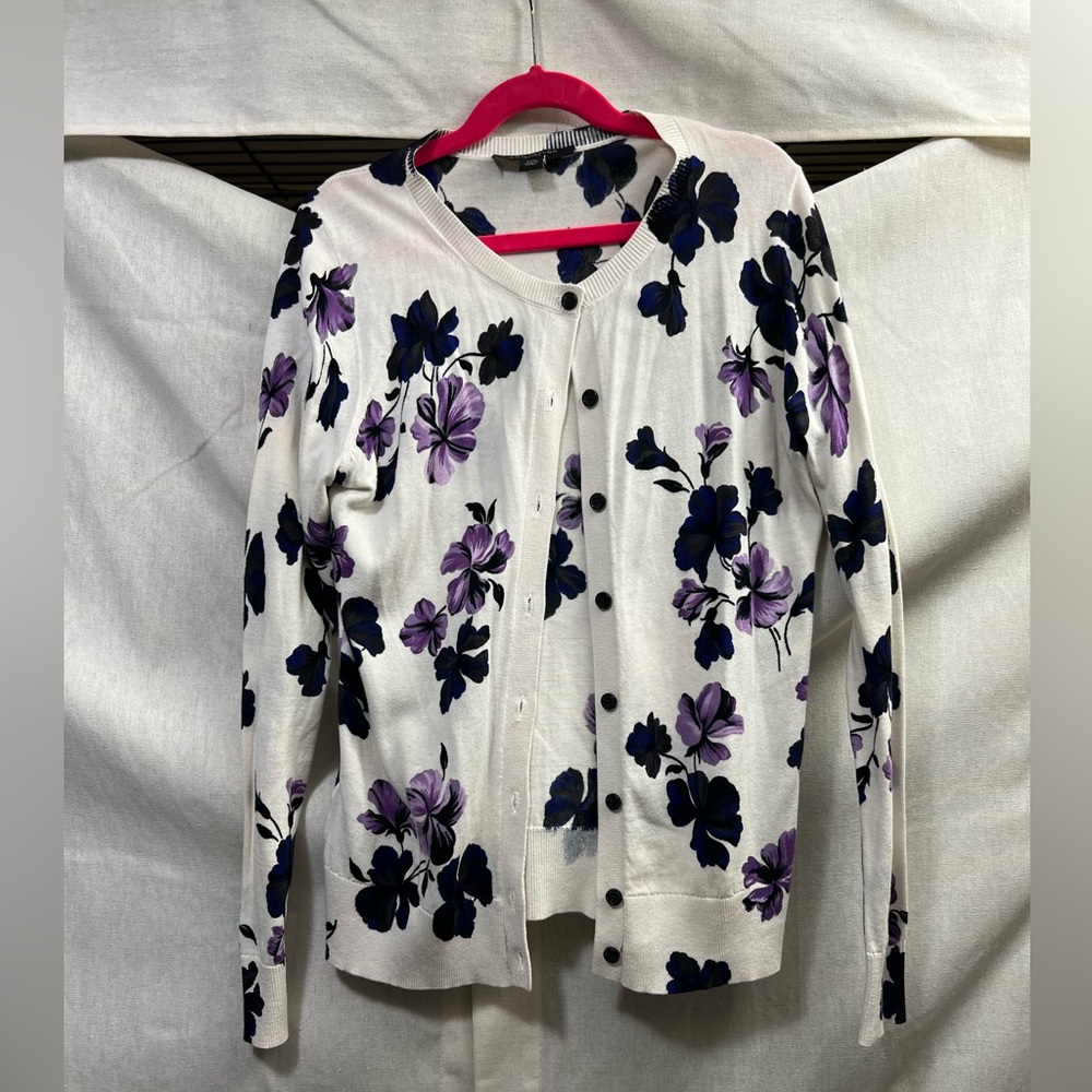 Ann Taylor Women's Floral Cardigan - Cream, Purple, and Blue